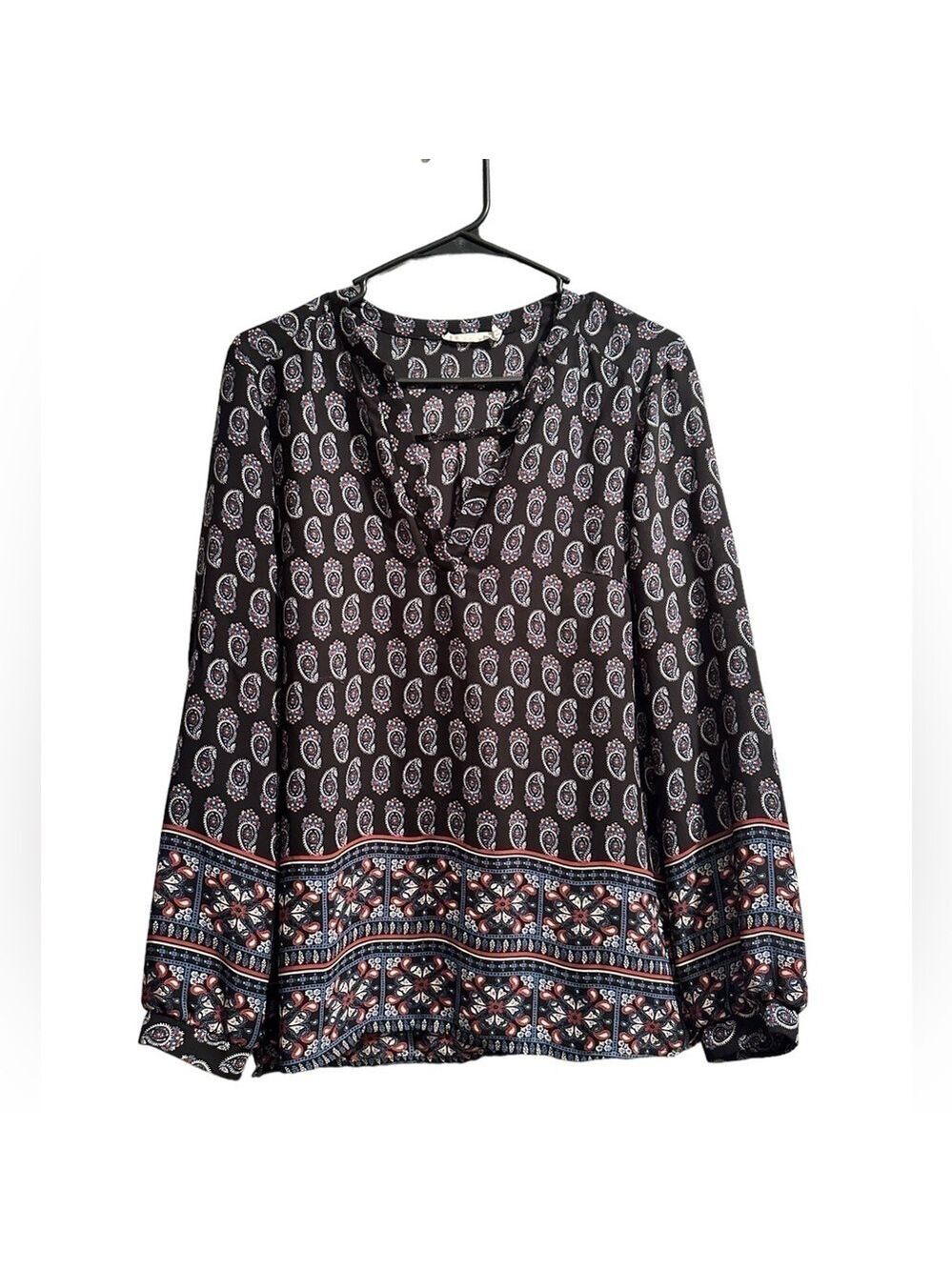 Lush Paisley Summer Sheer Blouse Womens Medium Black, Blue, Red Long Sleeves